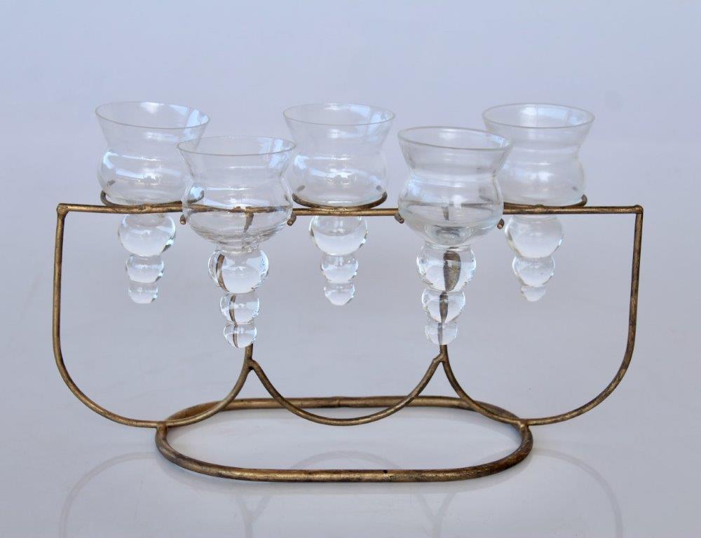 5 GLASS VASE IN METAL STAND  17X29X12CM